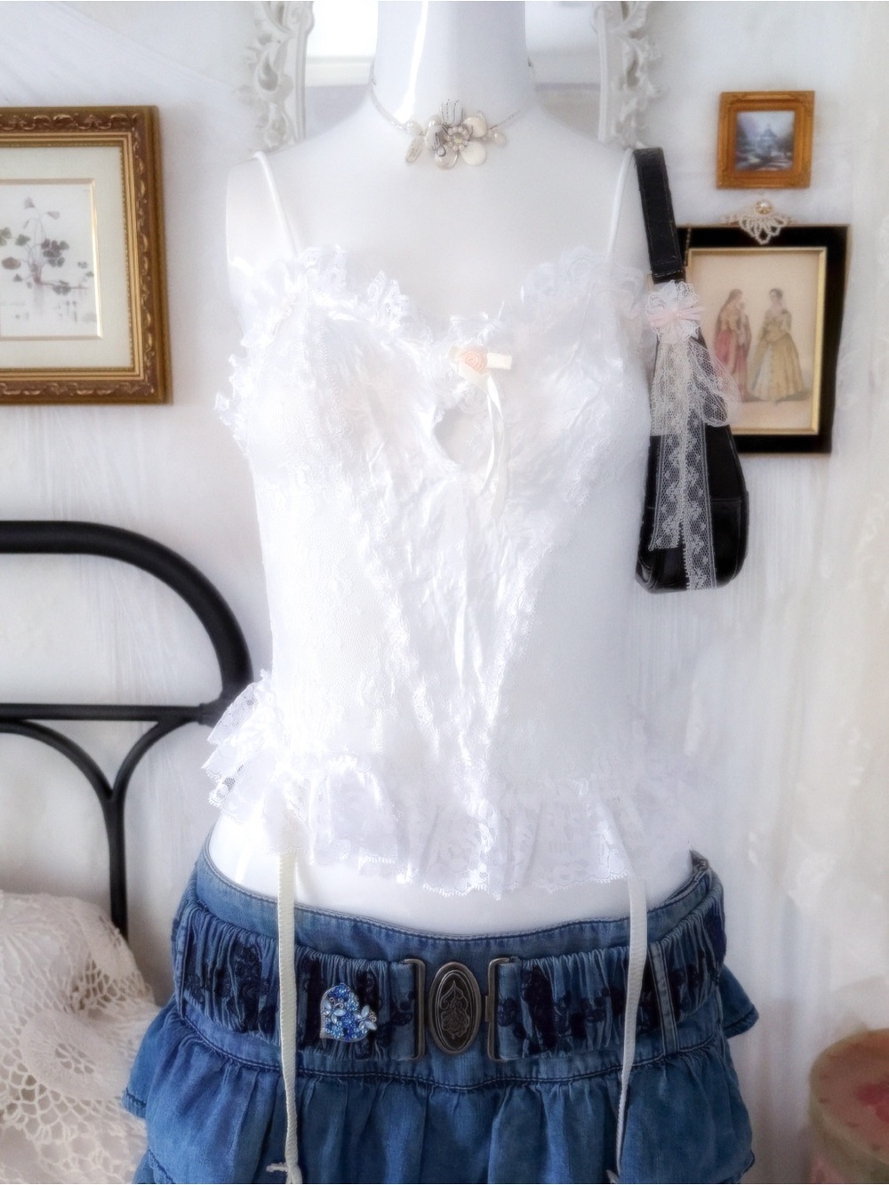 Y2K coquette rosette dainty lace white lingerie top